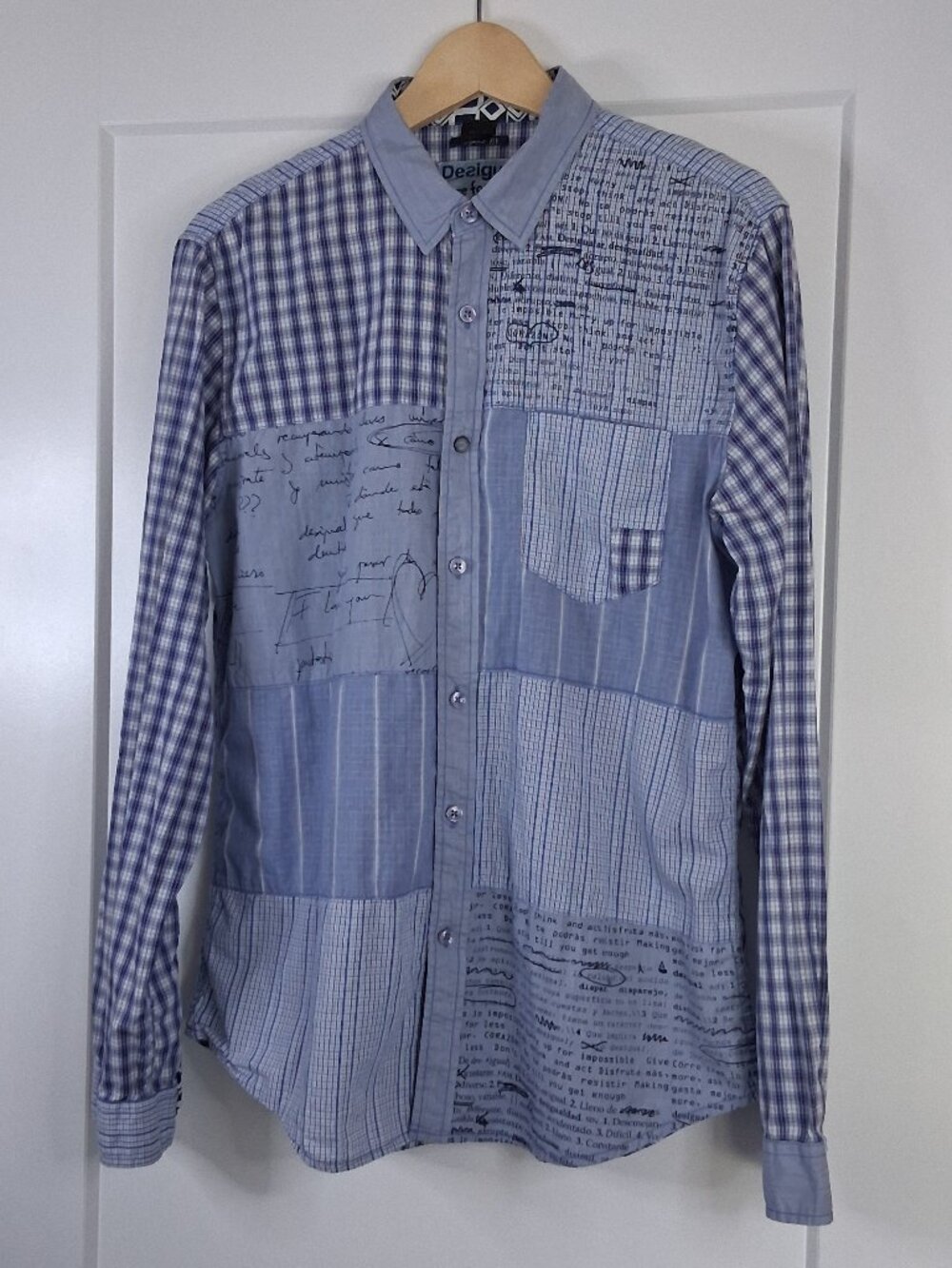 Desigual Mens Large Patchwork Button Up Shirt Blue Plaid Mixed Print 100% Cotton